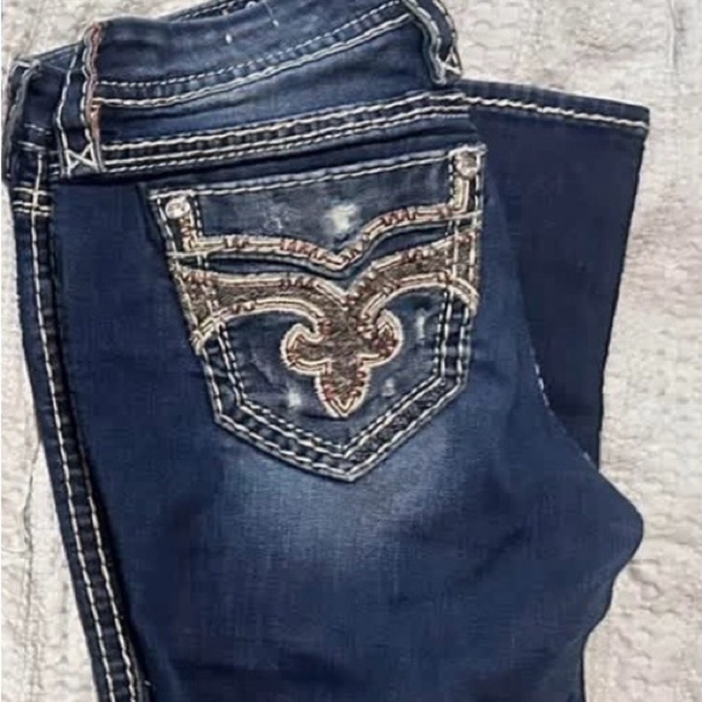 Rock Revival Dark Blue High Rise Jeans with Gold Embroidery